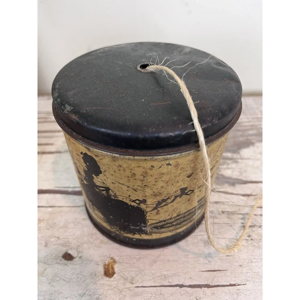 Vintage Cottage Tin W/Lid Yarn String Holder Lady Silhouette & Little Black Cat